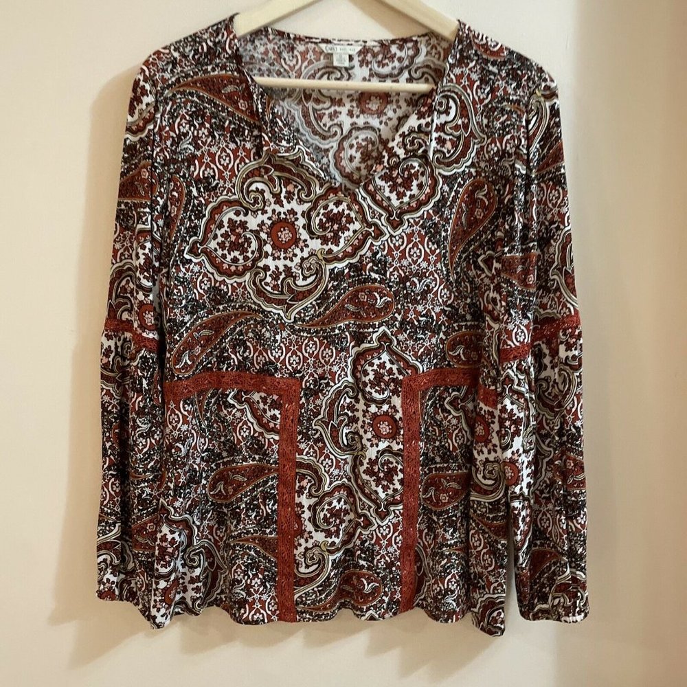 Cato Tunic Blouse Boho Paisley Print Long Gathered Sleeves Size S (Fit is M)